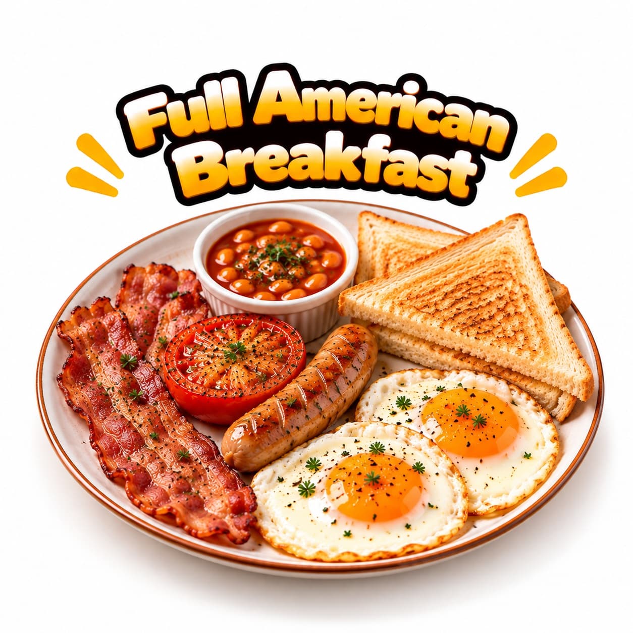 Baked Beans, 2 Fried Eggs, 2 Strips of Bacon, 1 Grilled Tomato, 1 Sausage & Toast