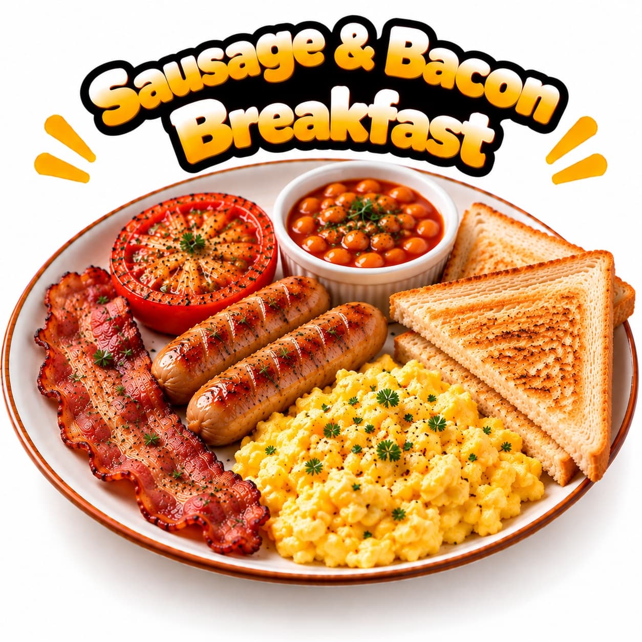 1 Grilled Tomato, 2 Sausages, Baked Beans, Bacon, 1 Egg & Toast