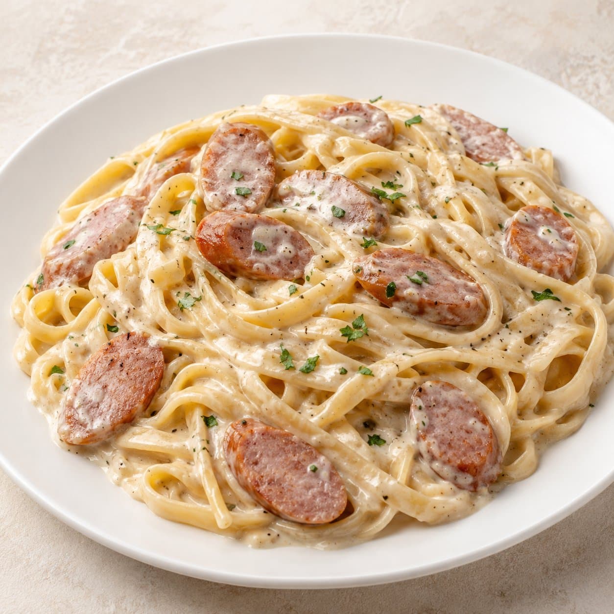 Pasta sốt kem xúc xích